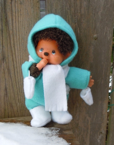 Schnitt für Monchichi: Schneeanzug mit Stiefeln, Handschuhen und Schal